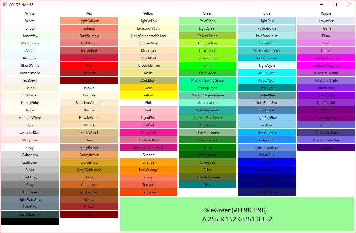 色の名前と実際の色とをｗｐｆで表示する C プログラミング 再入門