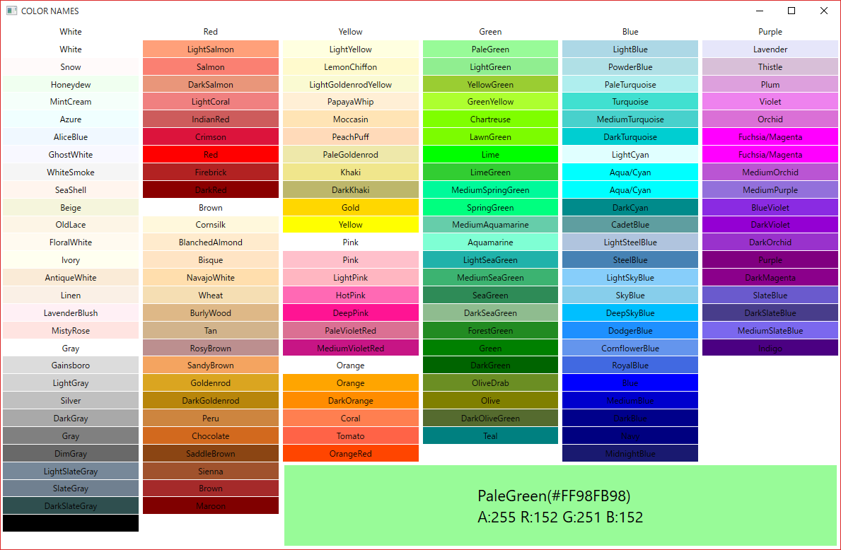 Colored text name. Цвета в c. Цвета WPF. Цвета WPF C#. Название цветов для WPF.